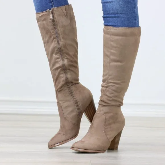 Tan Block Heeled Boots Below The Knee Faux Suede Pointed Toe Womens - Picture 12 of 14